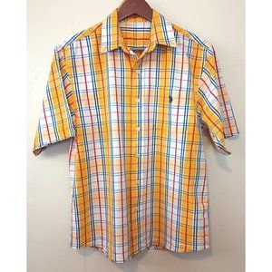 Yellow red blue plaid short sleeve button-down shirt size M Medium